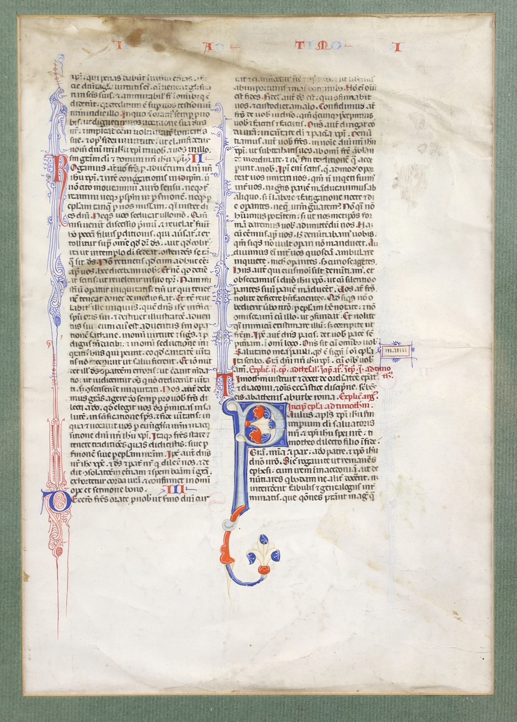 Two non-consecutive vellum leaves from an illuminated bible, containing elements of St Paul’s epistles to the Galatians, Ephesians, Thessalonians and to Timothy; perhaps English, second quarter of the 13th century, 296 x